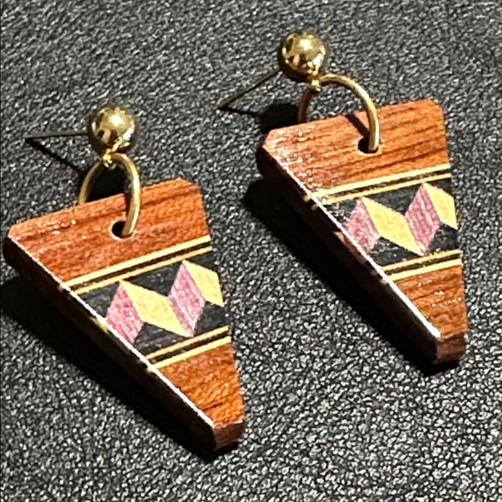 Wood Inlay Gold Tone Stud Dangle Earrings